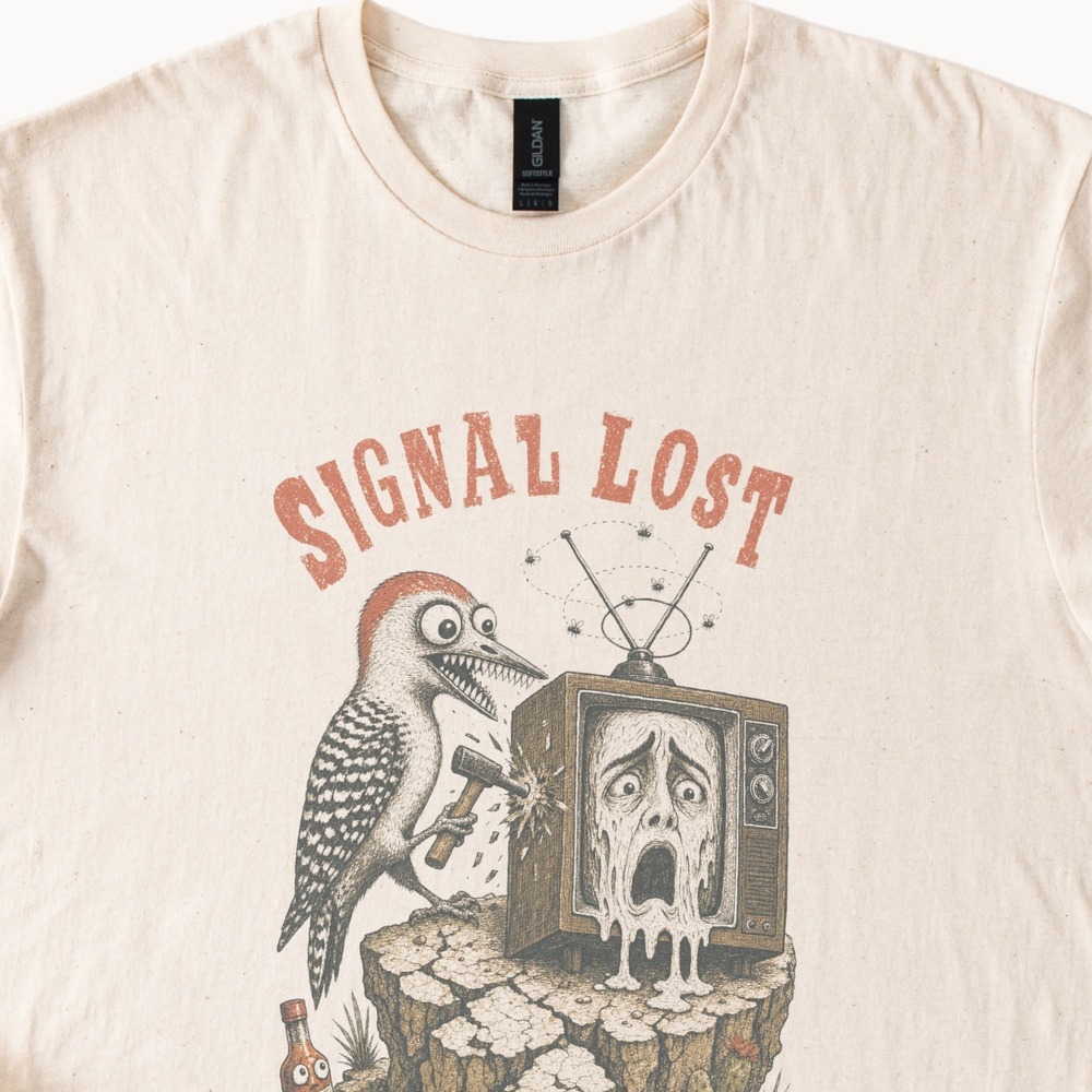 Signal Lost Woodpecker Graphic Tee Vintage Horror Illustration